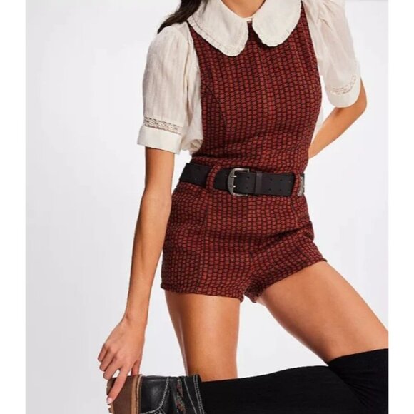 Free People Mod Mini Romper Playsuit Red & Black Sleeveless Women’s Size 10 - Picture 1 of 14